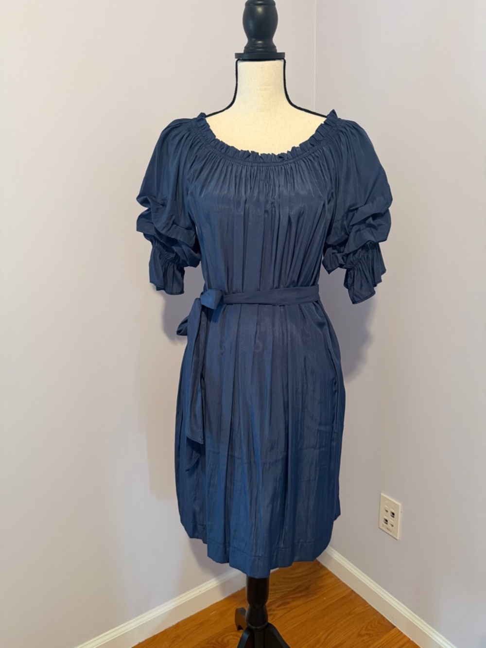 Navy Puff-Sleeve Belted Women’s Dress